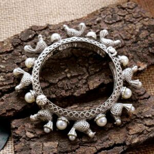 Boho Style Settled Birds with Pearls, Silver like Heavy Kada